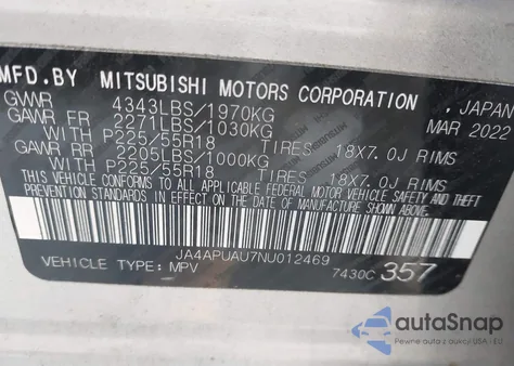 2022 Mitsubishi Outlander Sport 2.0 Be 2Wd/2.0 Es 2Wd/2.0 Le 2Wd/2.0 S 2Wd from USA, damaged, VIN JA4APUAU7NU012469